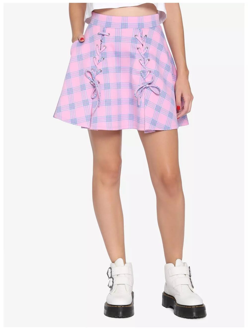Hot Topic Blue and Pink Plaid Lace Up Skirt Grunge Goth Pockets Size Small Bows
